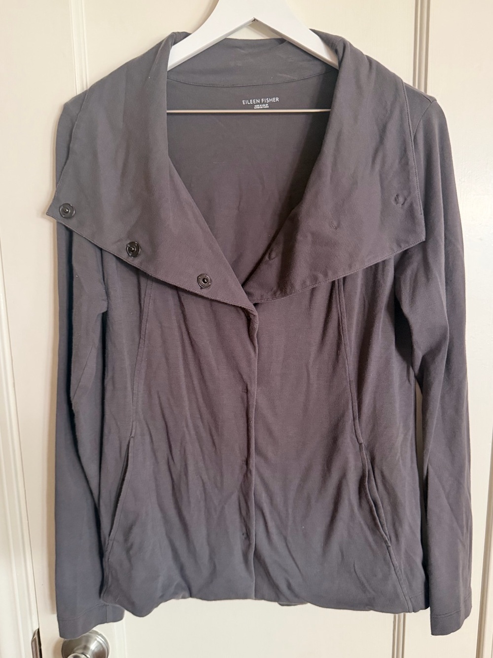 Eileen Fisher Charcoal Gray Snap Front Cotton Cardigan